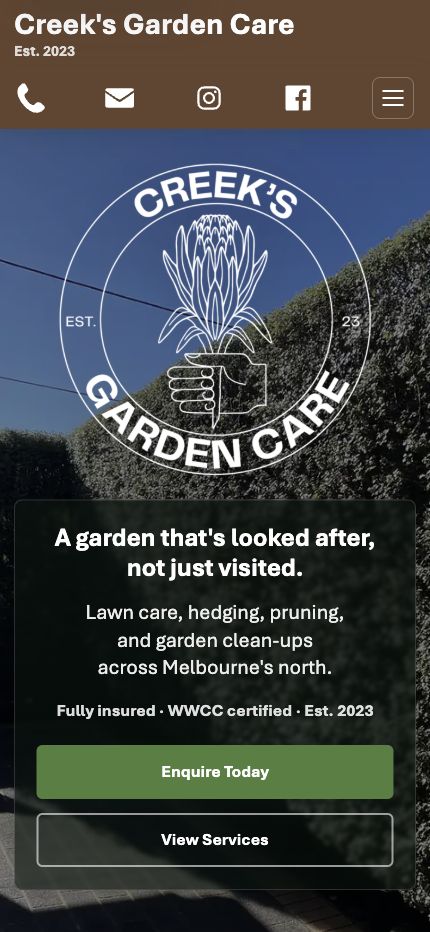A large-phone homepage sample from the Creek’s Garden Care website.