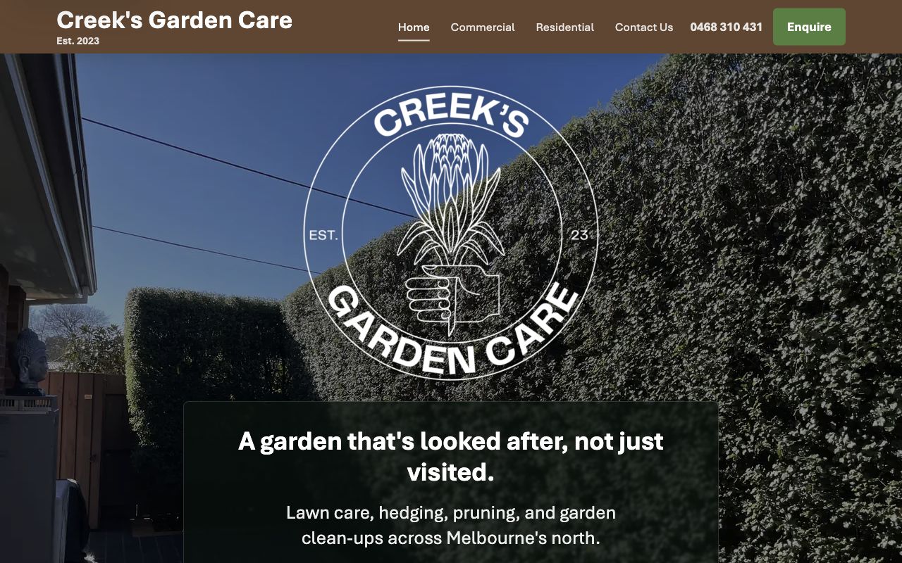 A desktop homepage sample from Creek’s Garden Care.