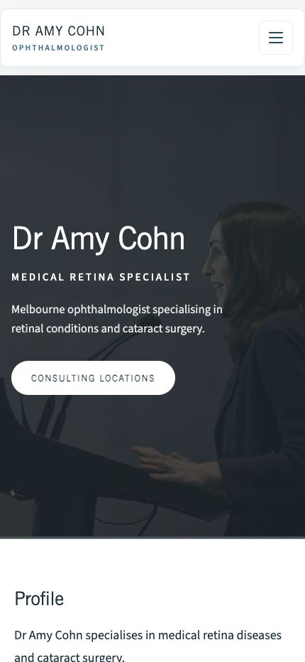 Dr Amy Cohn website on a large phone.